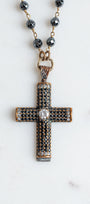 Sterling Silver Black Crystal Cross Pendant on a Faceted Hematite Rosary Chain