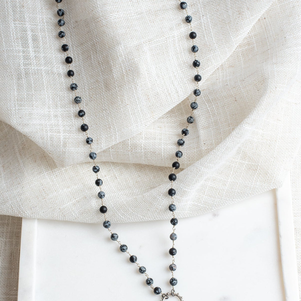 Vintage Sterling Silver Jerusalem Christian Cross Pendant on a Black Snowflake Obsidian Necklace