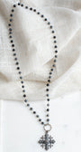 Vintage Sterling Silver Jerusalem Christian Cross Pendant on a Black Snowflake Obsidian Necklace