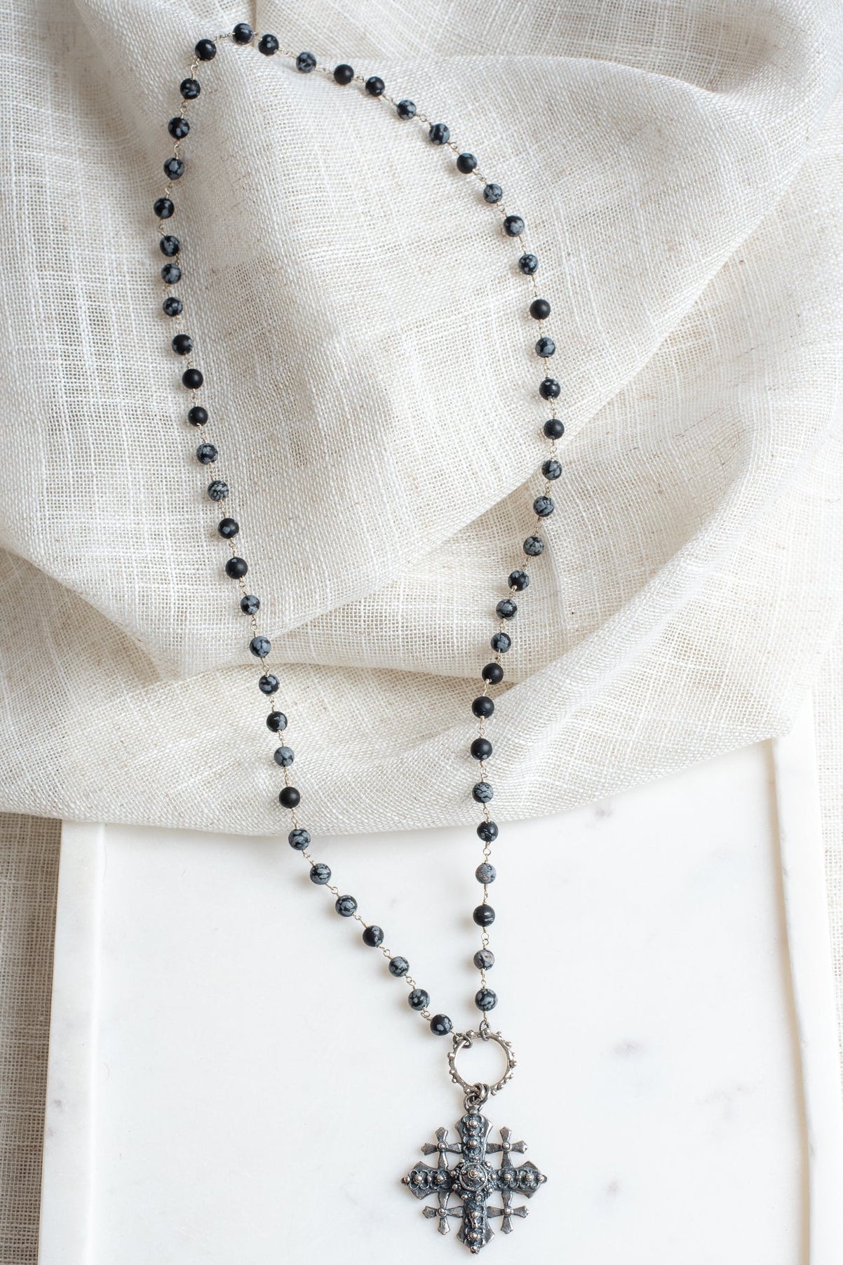 Vintage Jerusalem Cross & Snowflake Obsidian Sterling Silver Rosary Chain Necklace