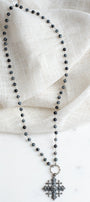 Vintage Sterling Silver Jerusalem Christian Cross Pendant on a Black Snowflake Obsidian Necklace