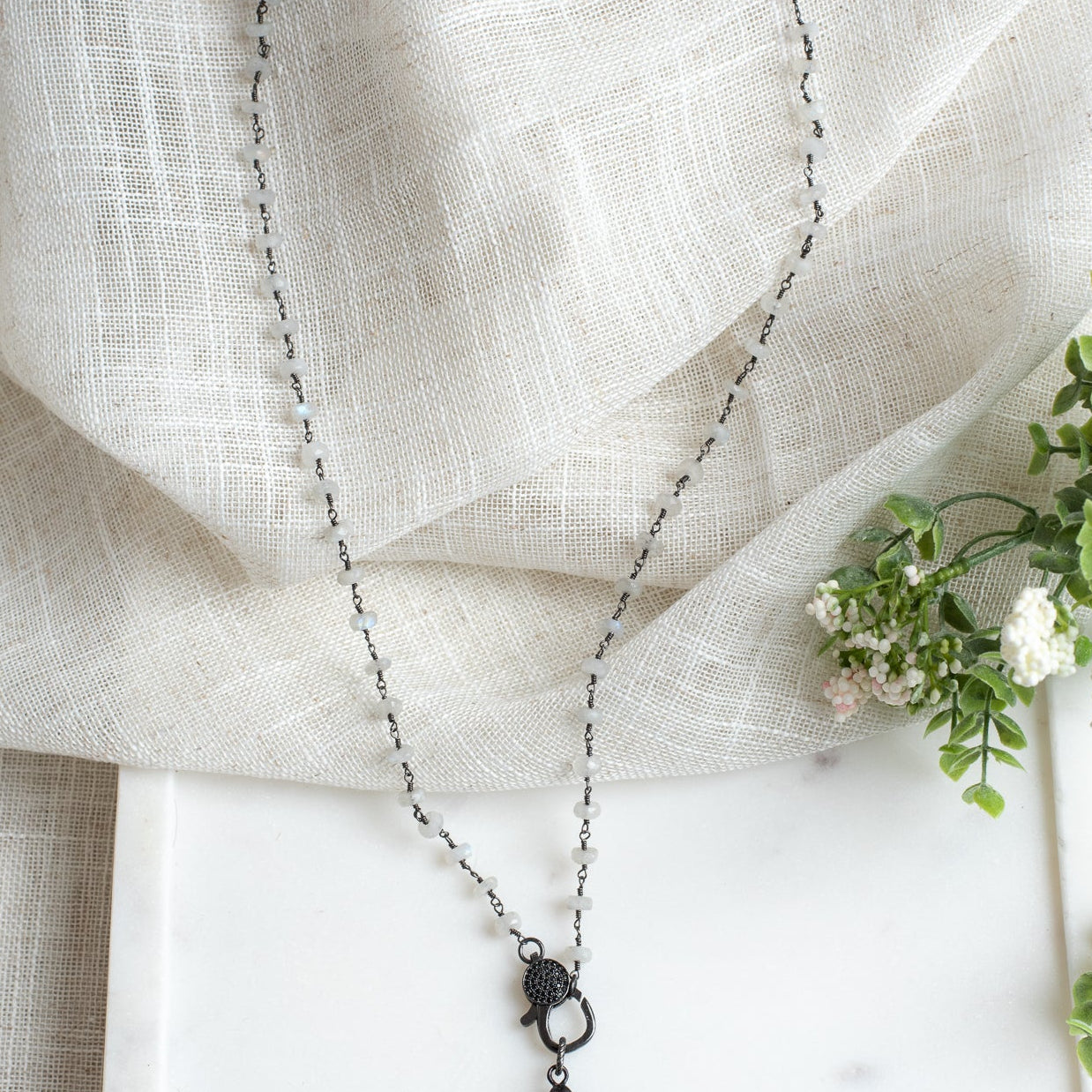 Heart and Crown on a Hand Soldered Chandelier Crystal Pendant on a Moonstone Rosary Chain