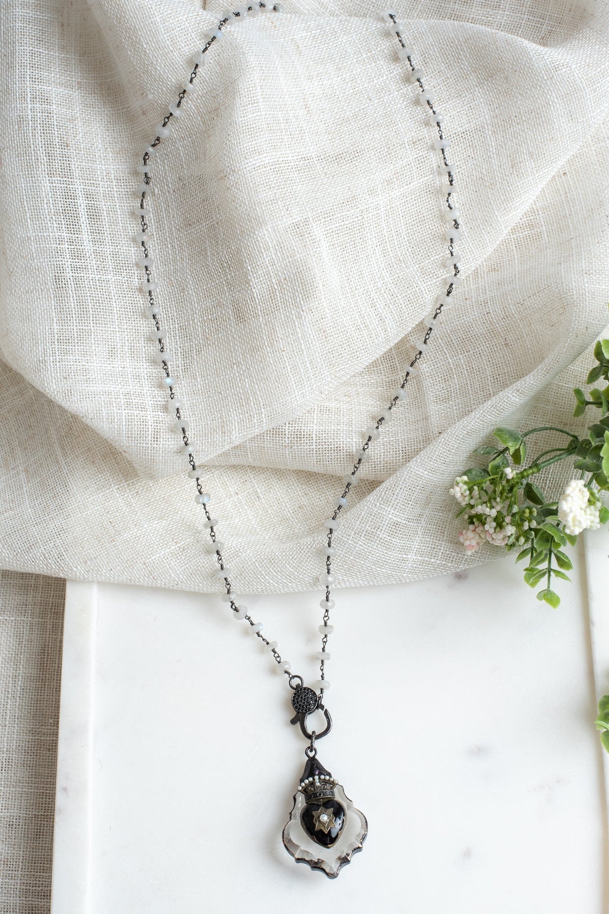 Heart and Crown on a Hand Soldered Chandelier Crystal Pendant on a Moonstone Rosary Chain