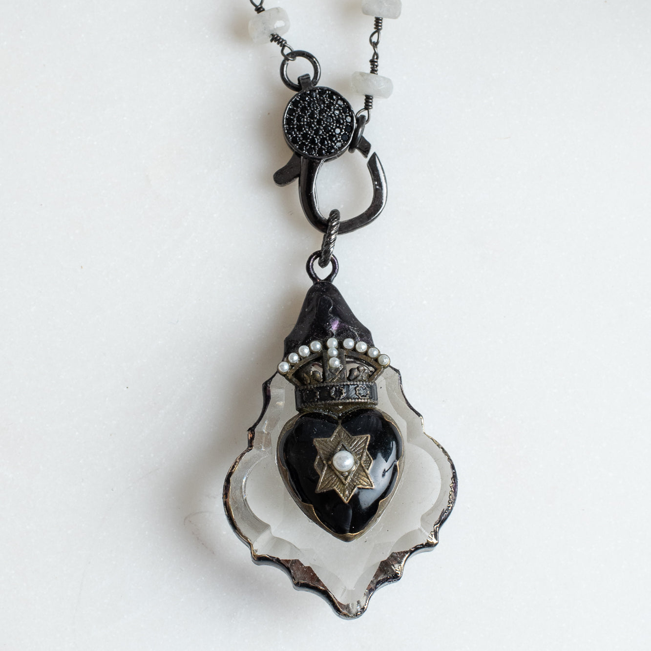 Moonstone Rosary Chain & French-Inspired Heart and Crown Pendant Necklace