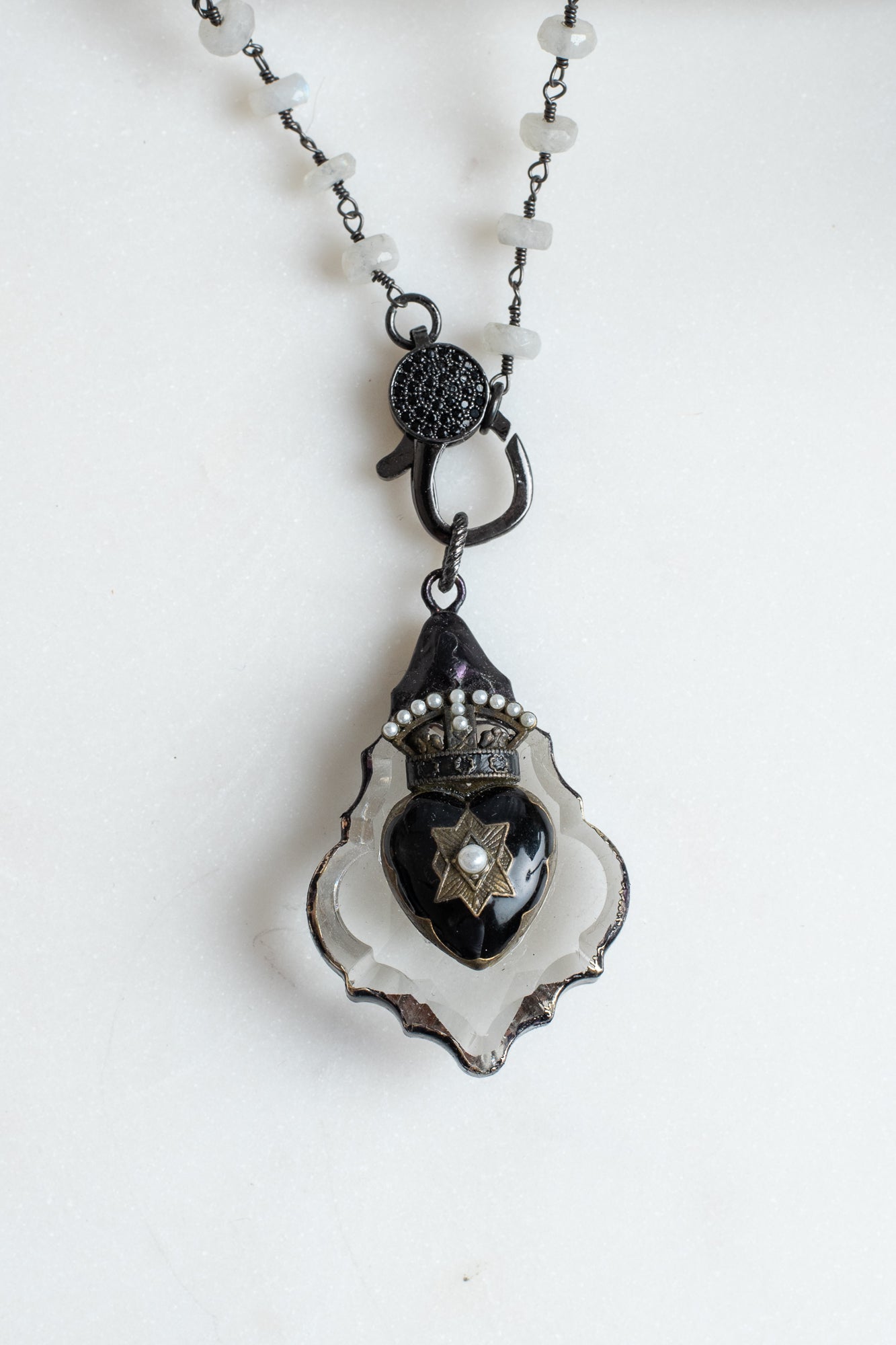 Heart and Crown on a Hand Soldered Chandelier Crystal Pendant on a Moonstone Rosary Chain
