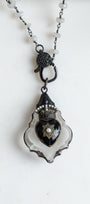 Moonstone Rosary Chain & French-Inspired Heart and Crown Pendant Necklace