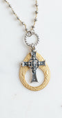 Gold and Silver Cutout Cross Pendant Necklace on Mixed Metal Rosary Chain