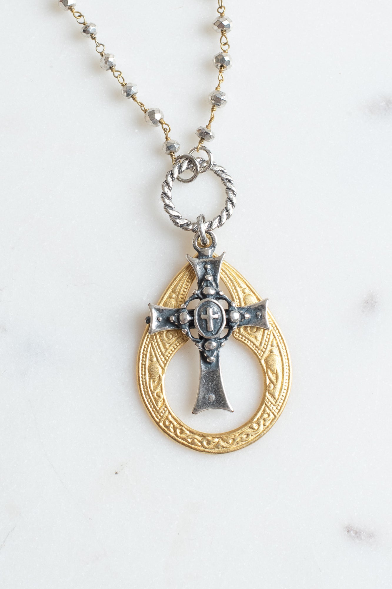 Gold and Silver Cutout Cross Pendant Necklace on Mixed Metal Rosary Chain