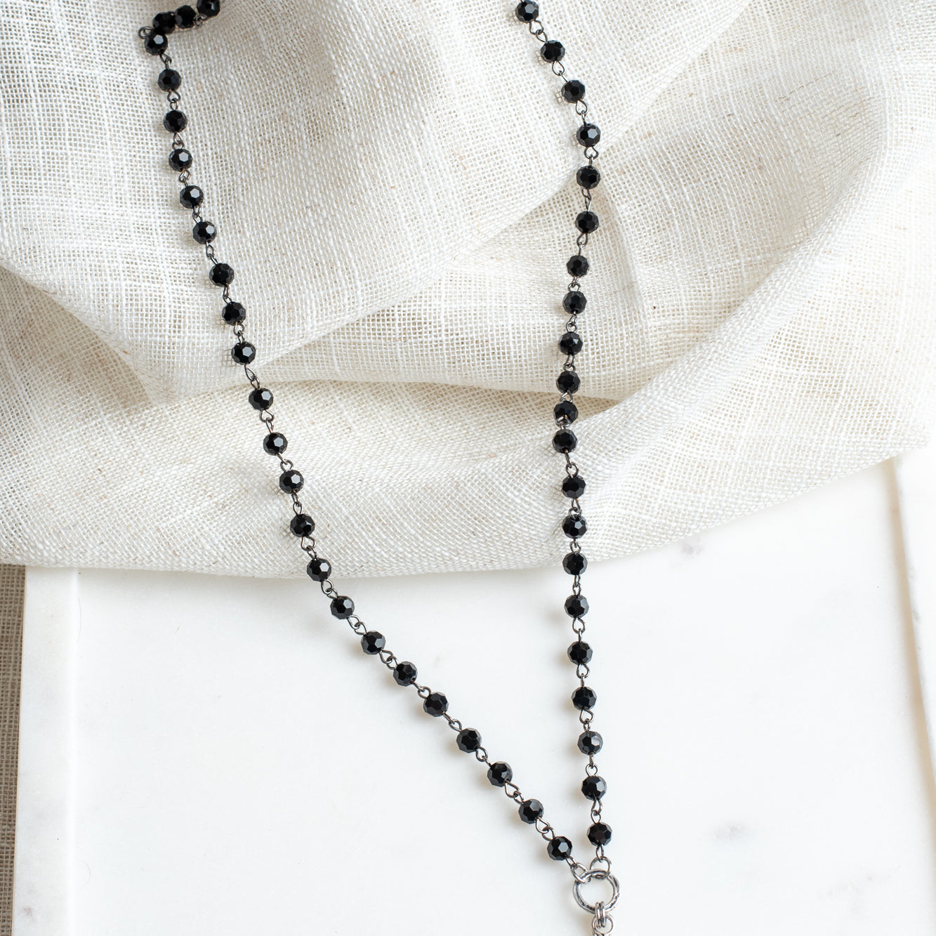 Vintage Style Antique Sterling Silver and Black Stone Christian Cross Pendant on a Black Rosary Chain Necklace