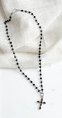 Vintage Style Antique Sterling Silver and Black Stone Christian Cross Pendant on a Black Rosary Chain Necklace