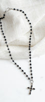 Vintage Style Antique Sterling Silver and Black Stone Christian Cross Pendant on a Black Rosary Chain Necklace