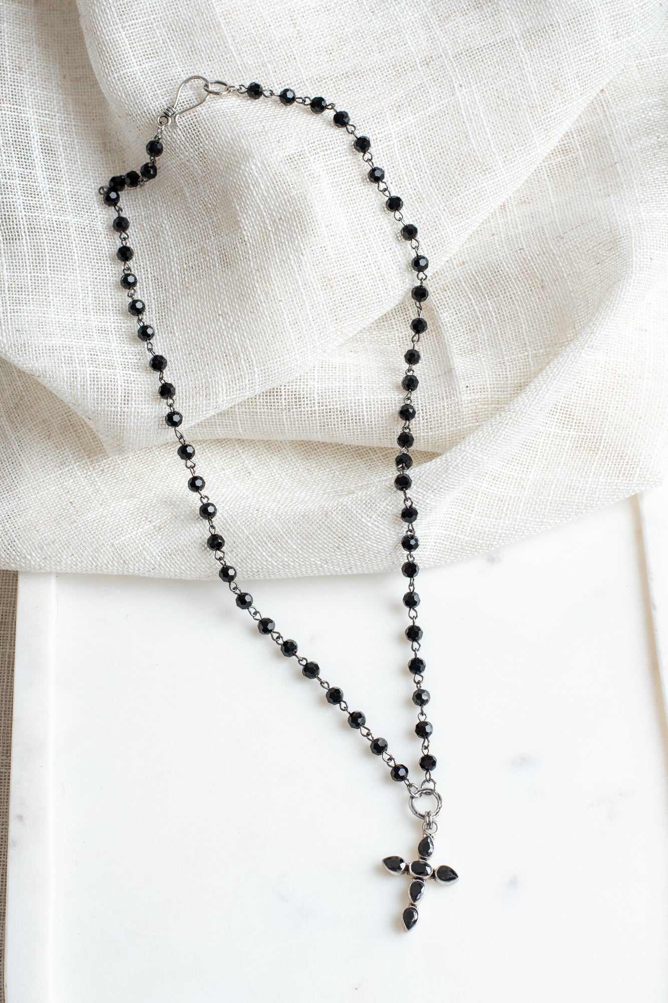 Vintage Style Antique Sterling Silver and Black Stone Christian Cross Pendant on a Black Rosary Chain Necklace