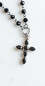 Vintage Style Antique Sterling Silver and Black Stone Christian Cross Pendant on a Black Rosary Chain Necklace