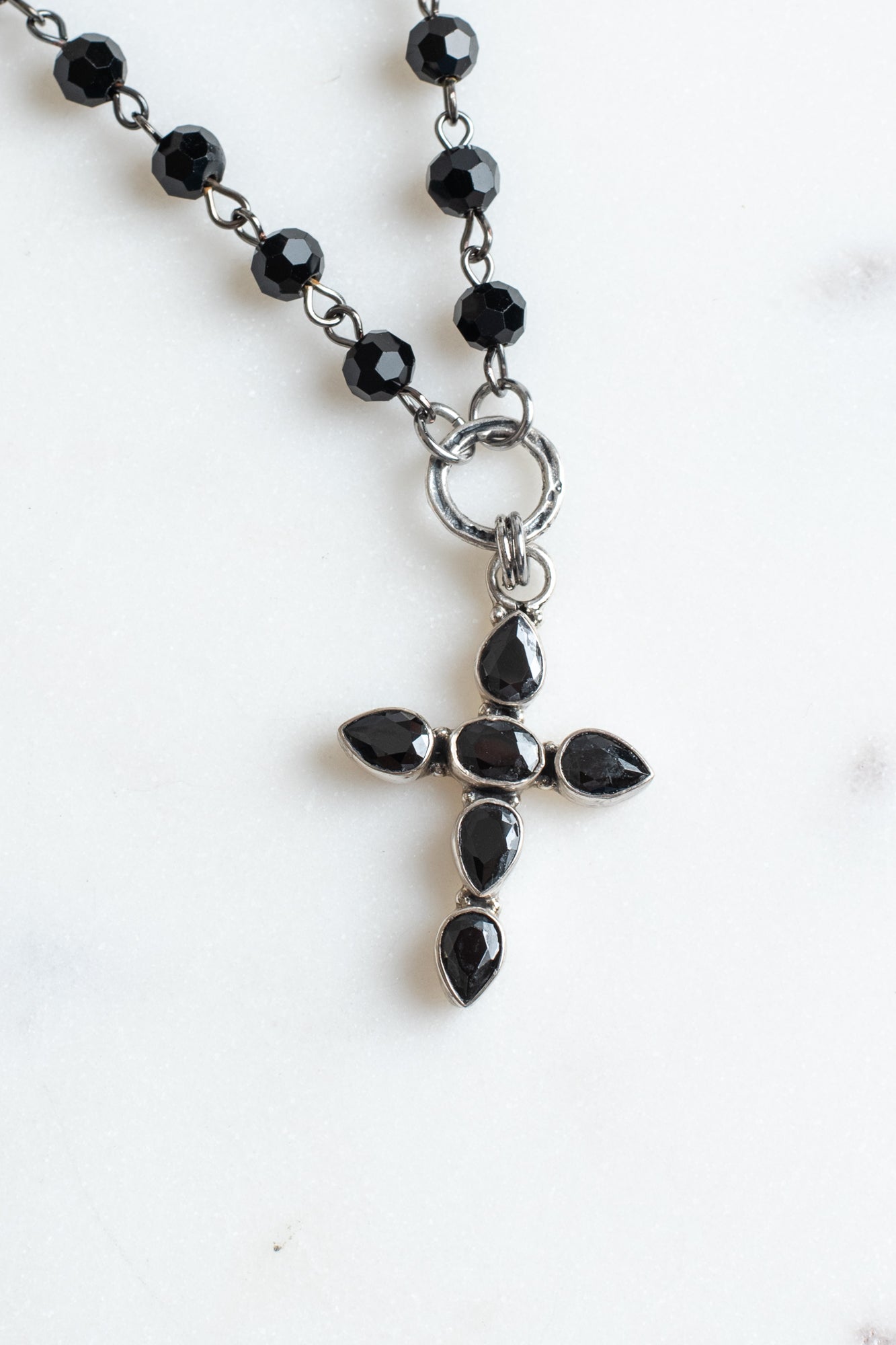 Vintage Style Antique Sterling Silver and Black Stone Christian Cross Pendant on a Black Rosary Chain Necklace