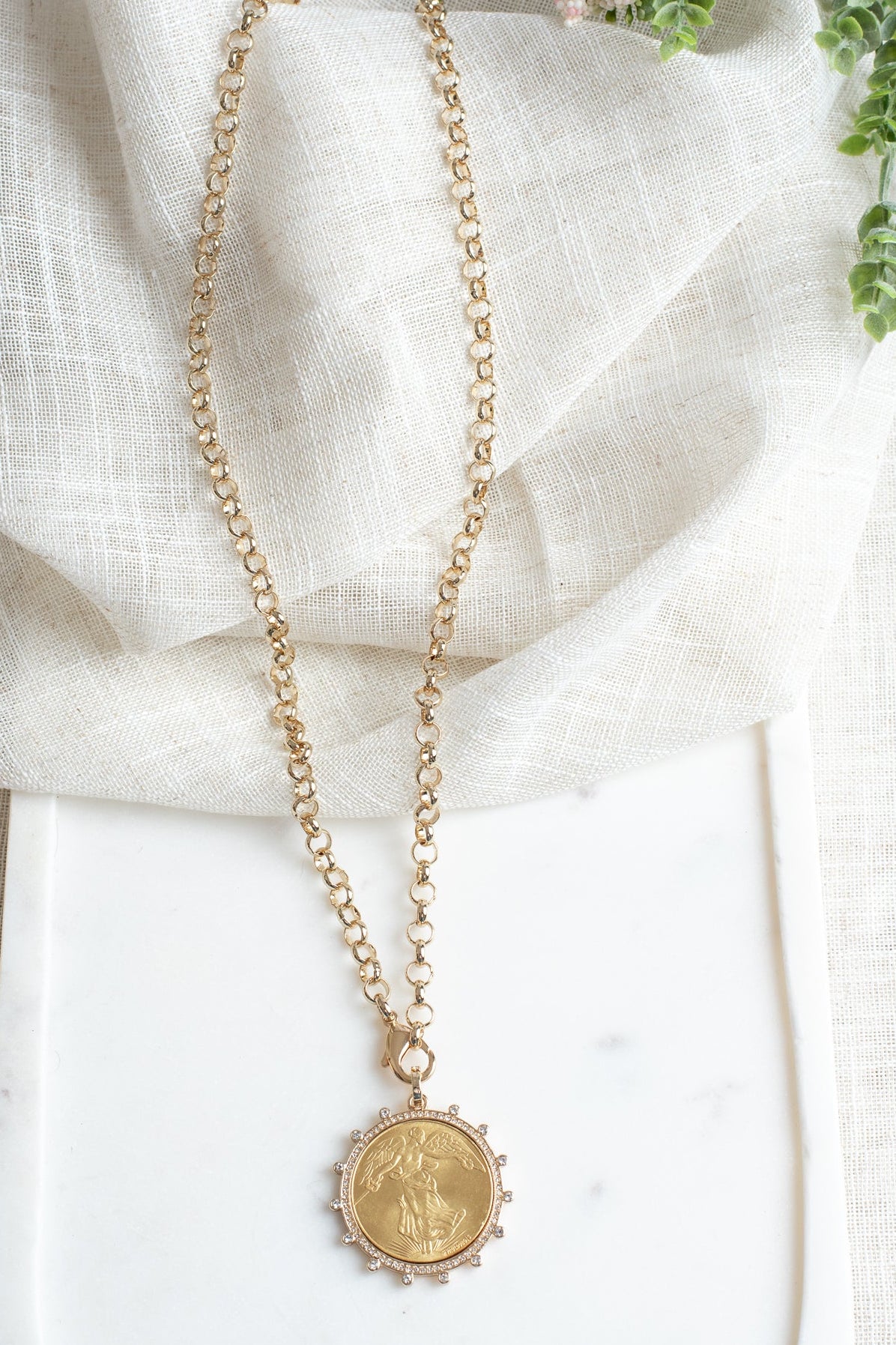 Gold Plated 1922 Replica Angel Peace Coin in Crystal Bezel on Gold Rolo Chain