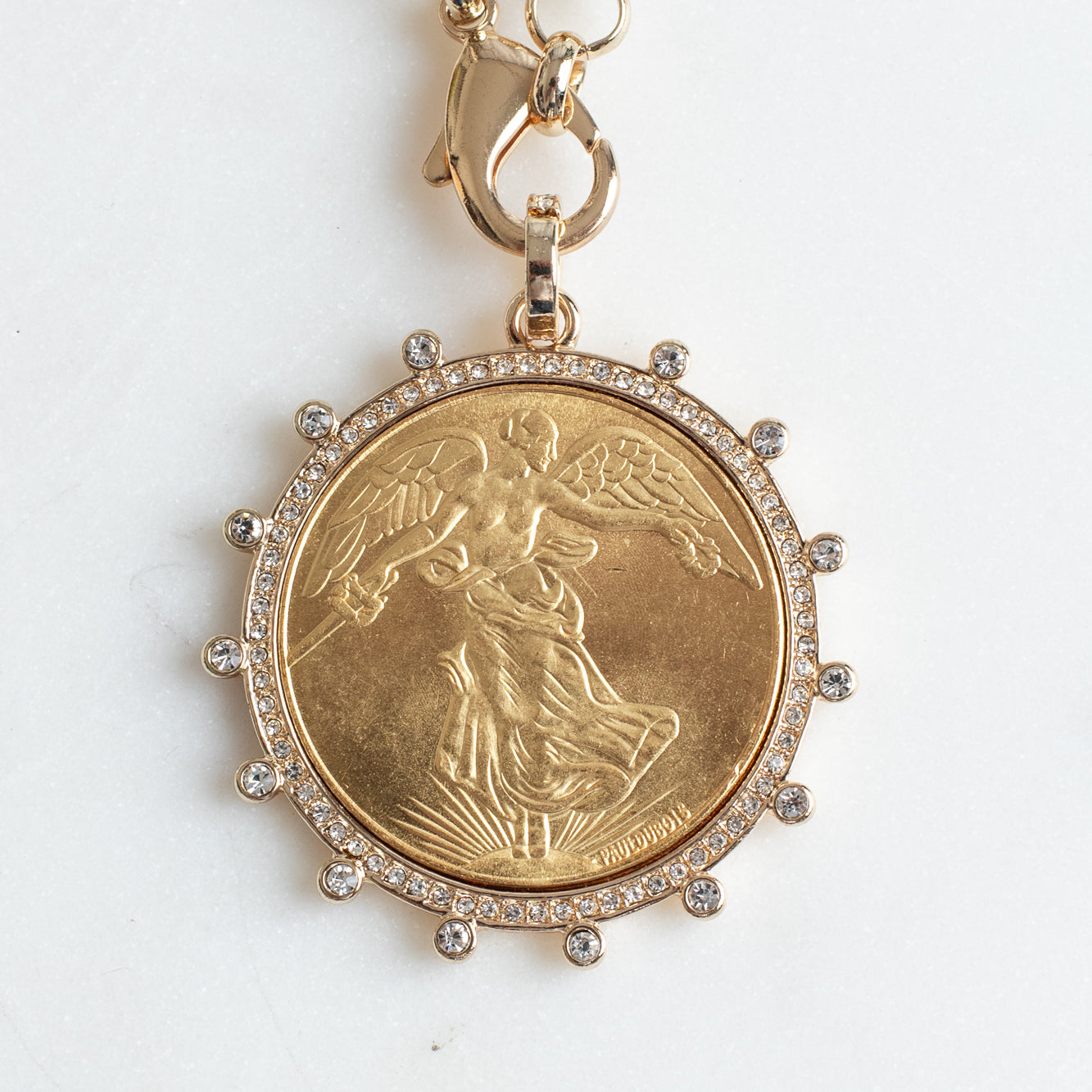 Gold Plated 1922 Replica Angel Peace Coin in Crystal Bezel on Gold Rolo Chain