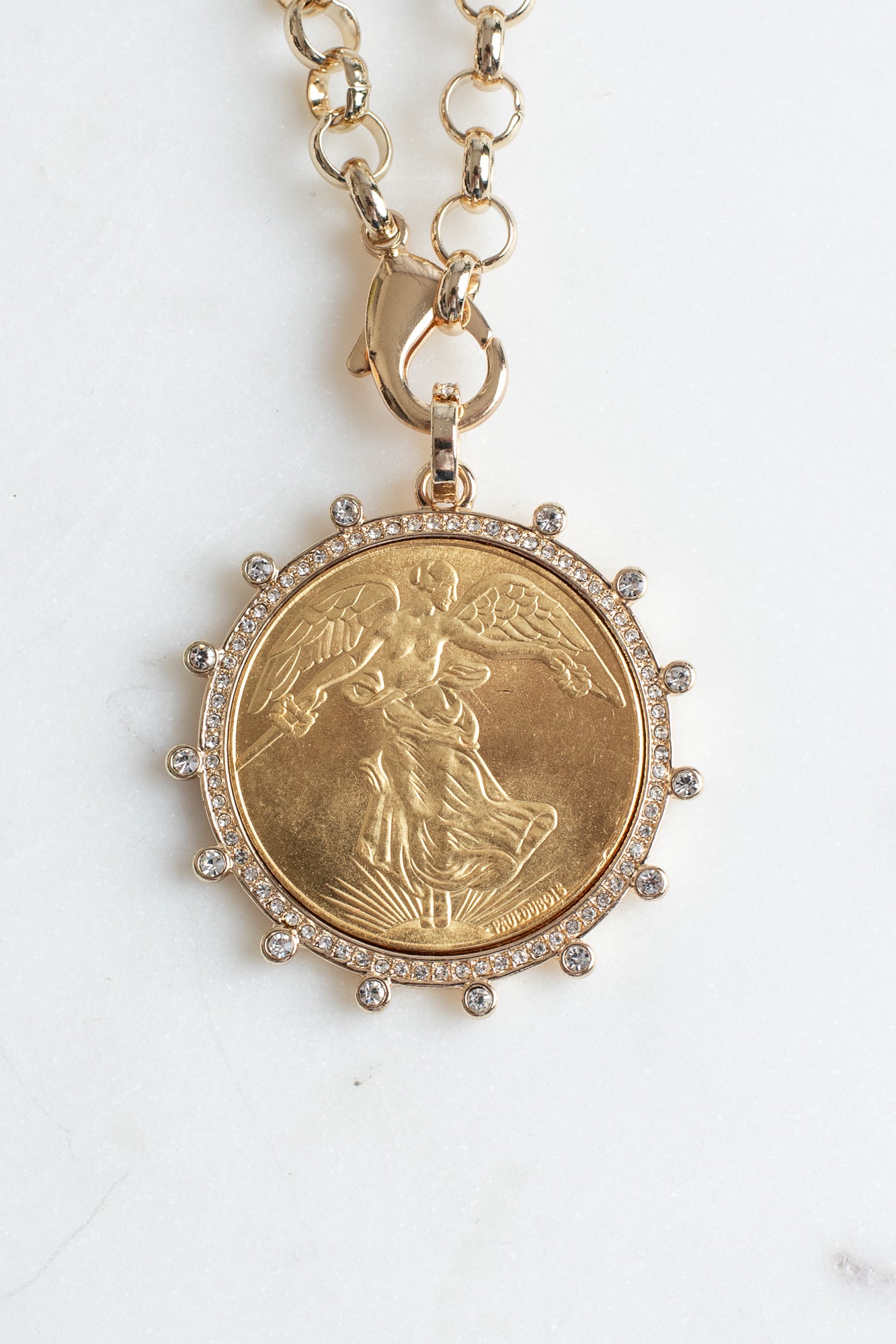 Gold Plated 1922 Replica Angel Peace Coin in Crystal Bezel on Gold Rolo Chain