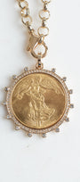 Gold Plated 1922 Replica Angel Peace Coin in Crystal Bezel on Gold Rolo Chain