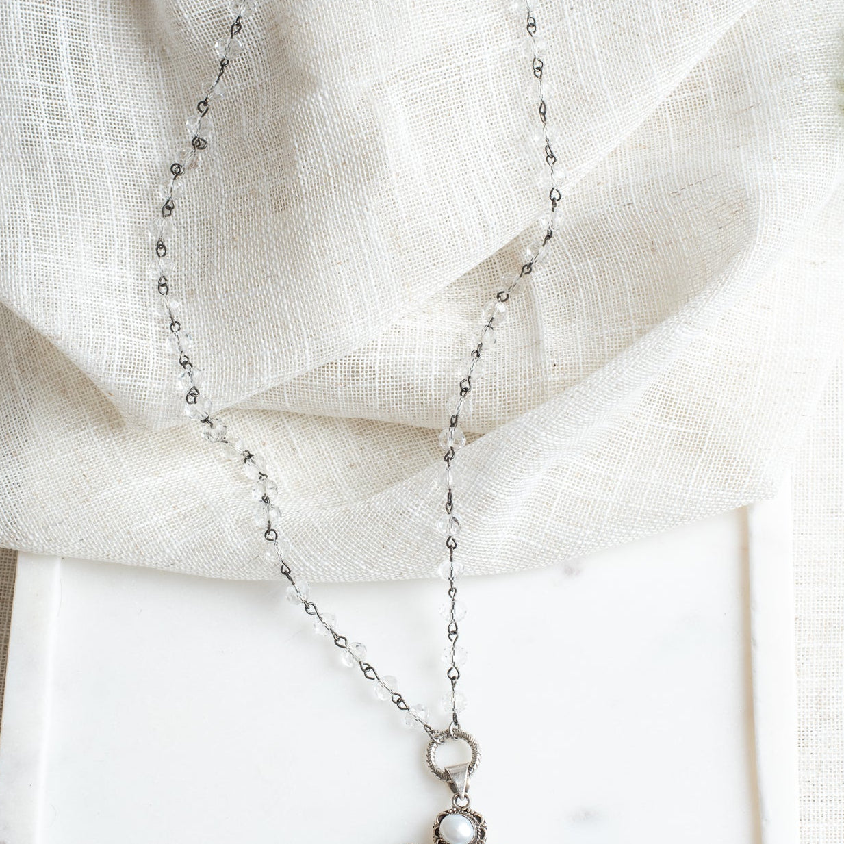 Ornate Pearl Sterling Silver Renaissance Christian Cross Pendant on a Crystal Rosary Chain Necklace