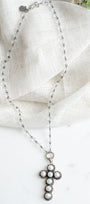 Ornate Pearl Sterling Silver Renaissance Christian Cross Pendant on a Crystal Rosary Chain Necklace