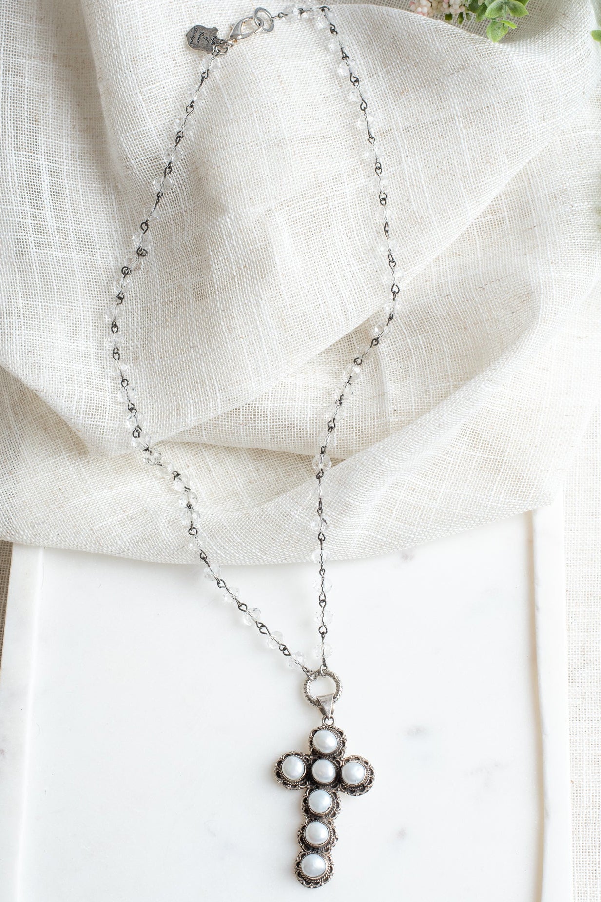 Ornate Pearl Sterling Silver Renaissance Christian Cross Pendant on a Crystal Rosary Chain Necklace