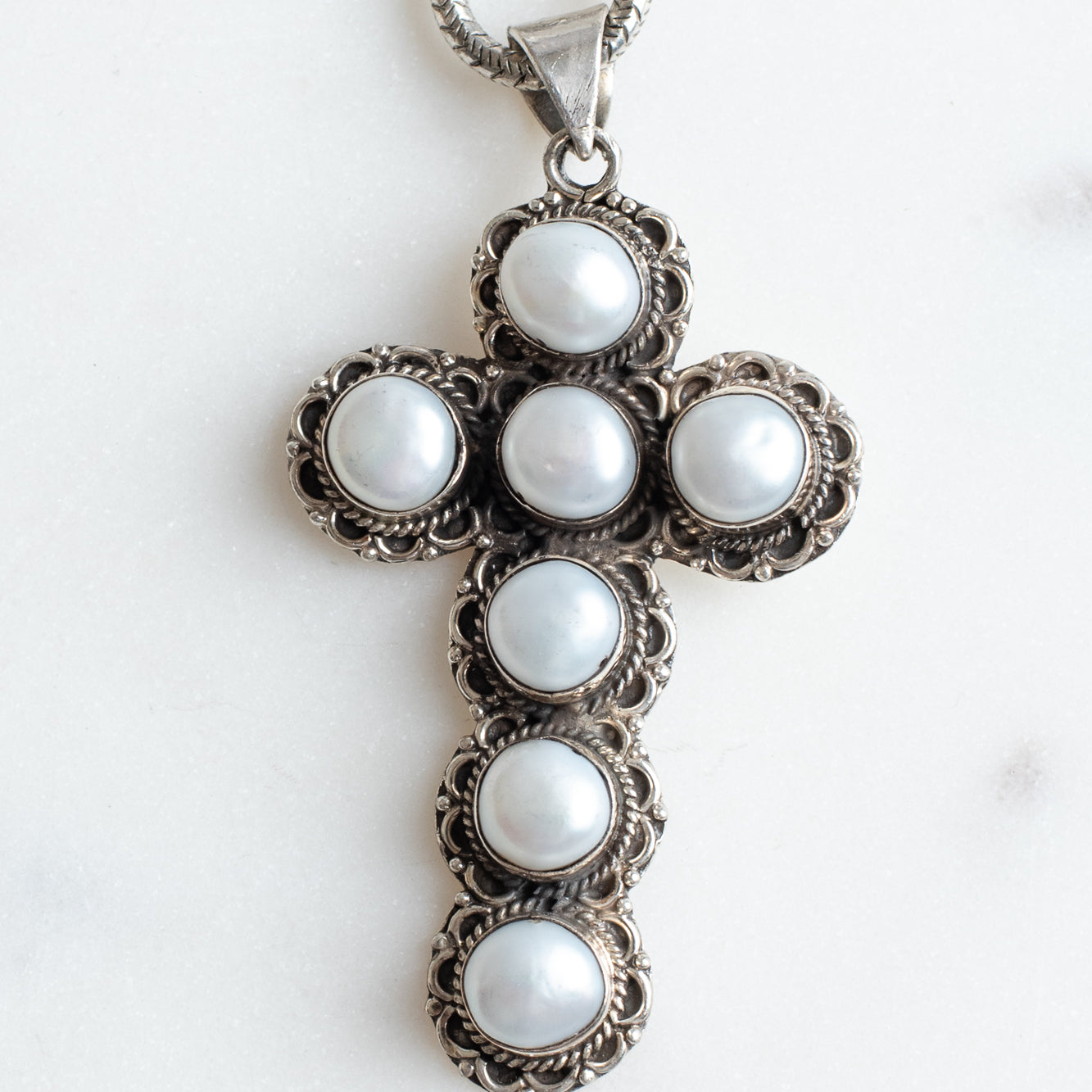 Sterling Silver Freshwater Pearl Pectoral Cross with Lord Be With You on Rosary Chain Necklace