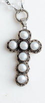 Sterling Silver Freshwater Pearl Pectoral Cross with Lord Be With You on Rosary Chain Necklace