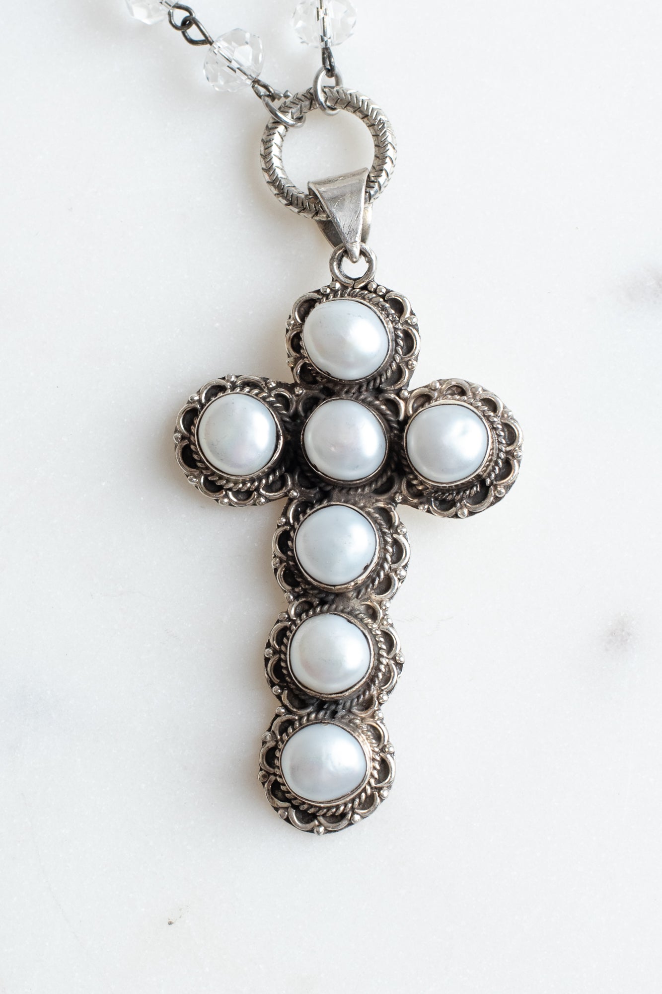 Ornate Pearl Sterling Silver Renaissance Christian Cross Pendant on a Crystal Rosary Chain Necklace
