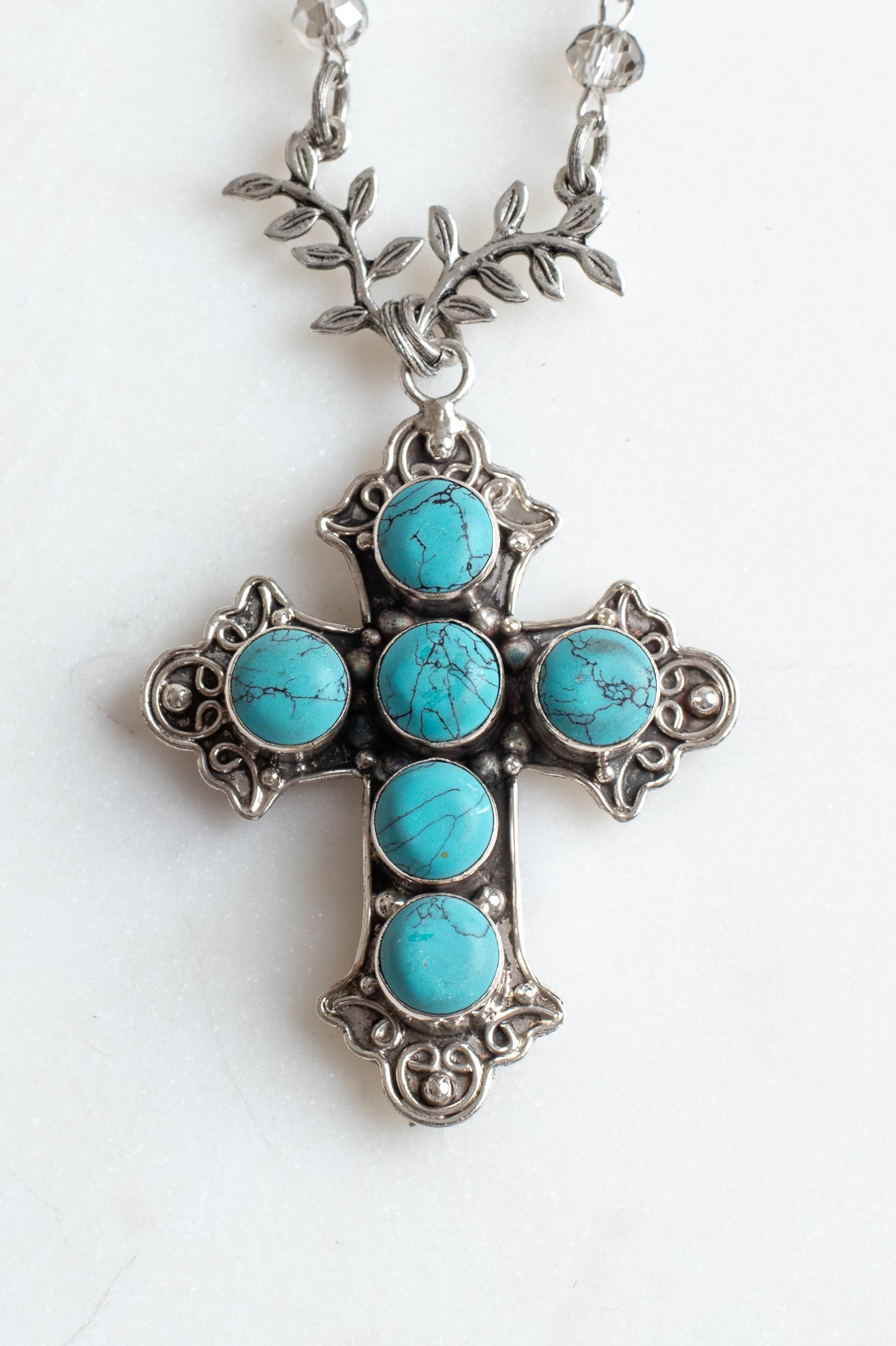 Ornate Turquoise Sterling Silver Christian Cross Pendant on a Crysal Rosary Chain Necklace