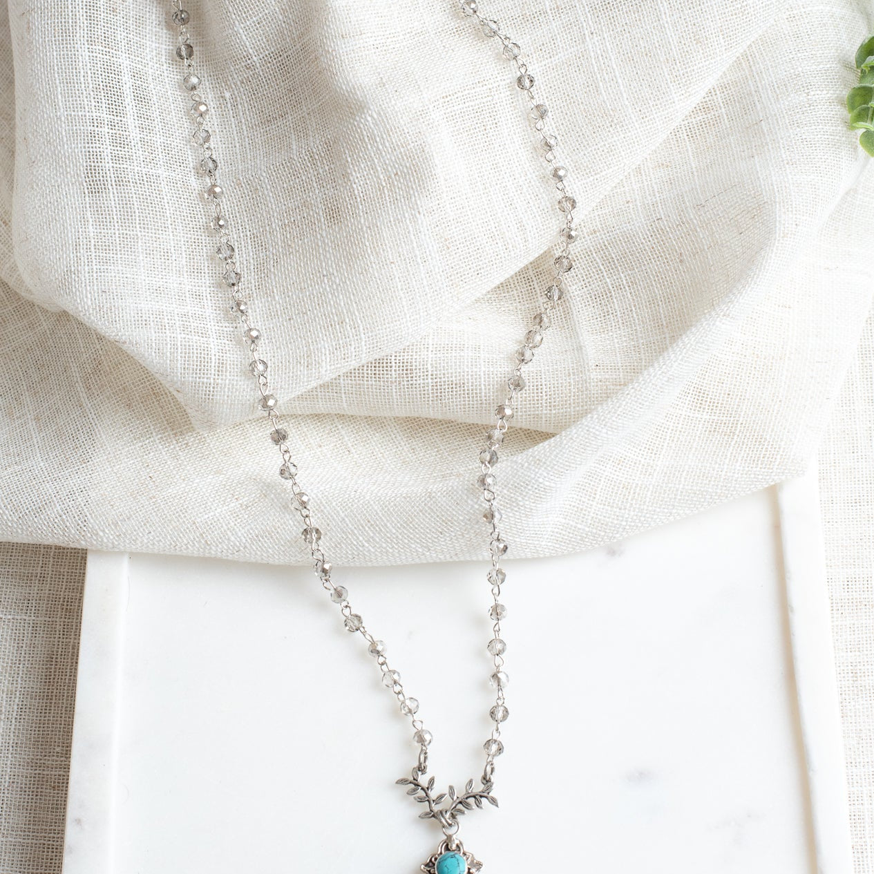 Ornate Turquoise Sterling Silver Christian Cross Pendant on a Crysal Rosary Chain Necklace