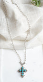 Ornate Turquoise Sterling Silver Christian Cross Pendant on a Crysal Rosary Chain Necklace