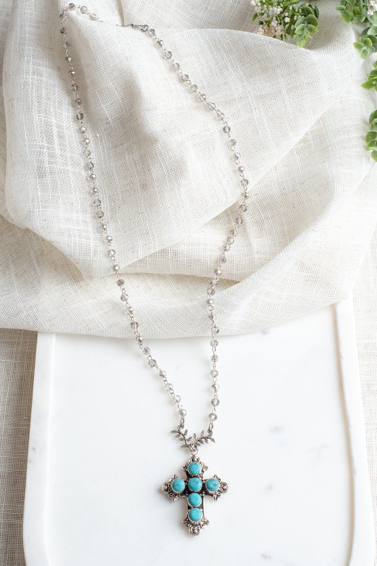 Ornate Turquoise Sterling Silver Christian Cross Pendant on a Crysal Rosary Chain Necklace