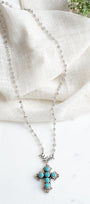 Ornate Turquoise Sterling Silver Christian Cross Pendant on a Crysal Rosary Chain Necklace