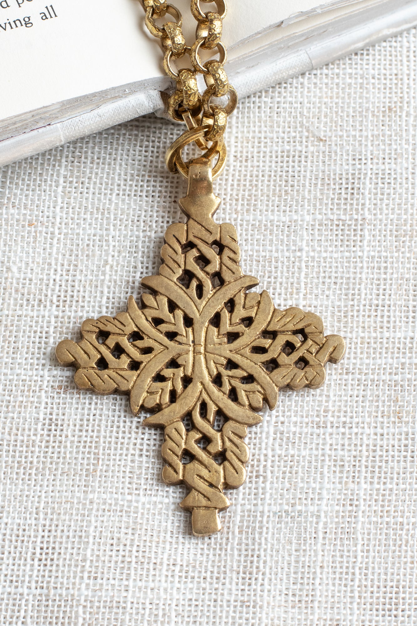 Orthodox Coptic Christian Ornate Cross on an Italian Textured Brass Rolo Chain Necklace