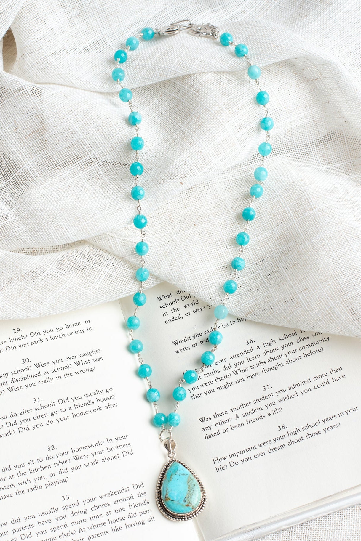 Turquoise Teardrop Pendant in Sterling Silver Bezel on Brilliant Blue Amazonite Silver Rosary Chain