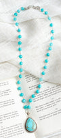 Turquoise Teardrop Pendant in Sterling Silver Bezel on Brilliant Blue Amazonite Silver Rosary Chain