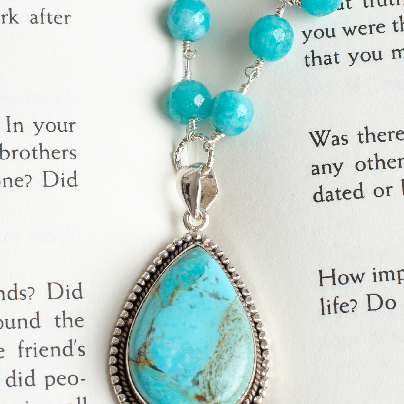 Turquoise Teardrop in Sterling Silver on Brilliant Blue Amazonite Silver Rosary Chain