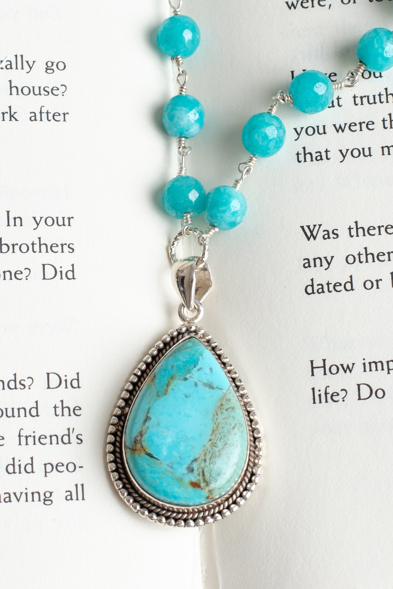 Turquoise Teardrop Pendant in Sterling Silver Bezel on Brilliant Blue Amazonite Silver Rosary Chain