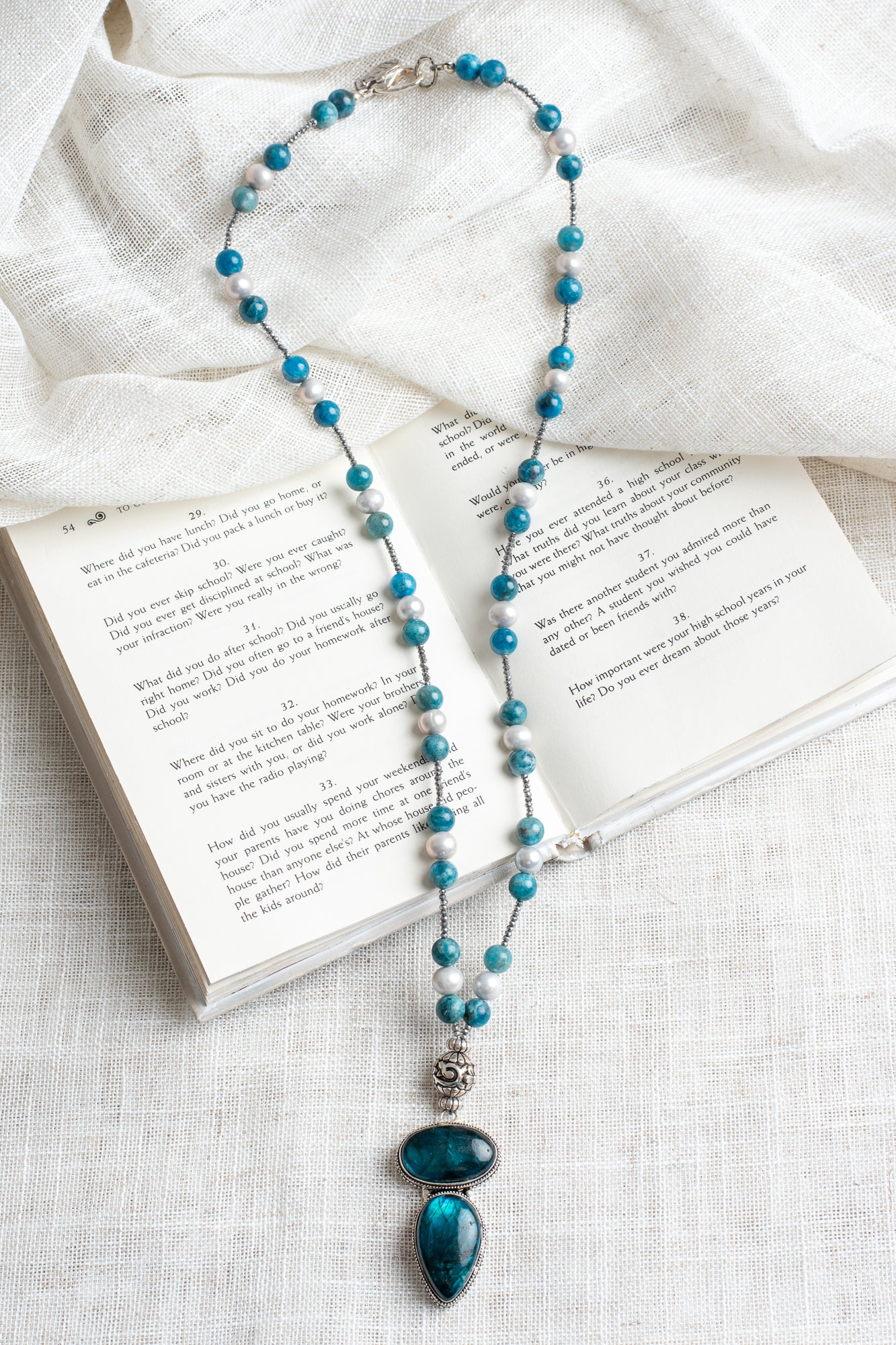 Glowing Sterling Silver Blue Labradorite Pendant on a Hand Strung Strand of Apatite, Pearls, and Hemitite Beaded Necklace