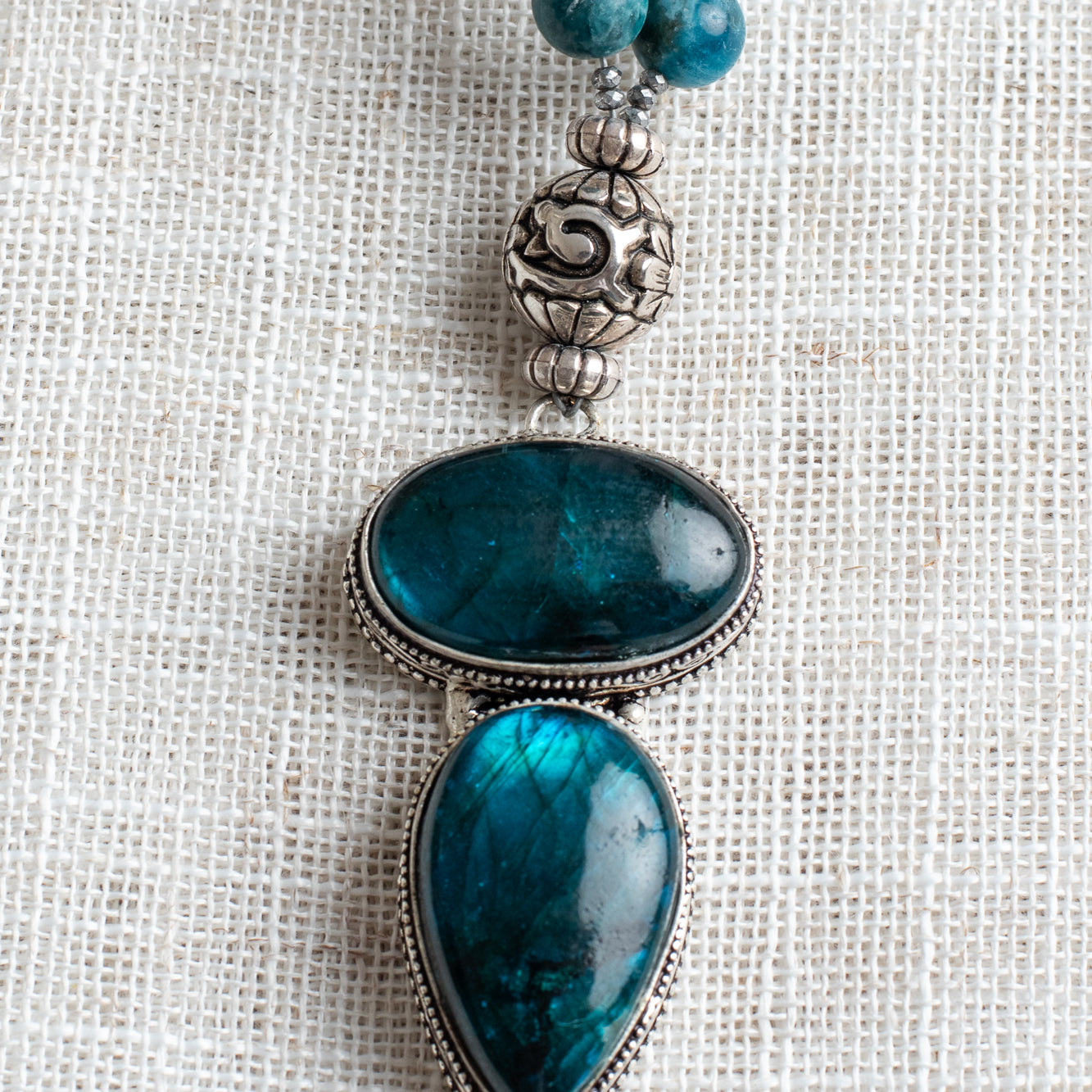 Sterling Silver Blue Labradorite on a Strand of Apatite, Pearls, and Hematite Necklace