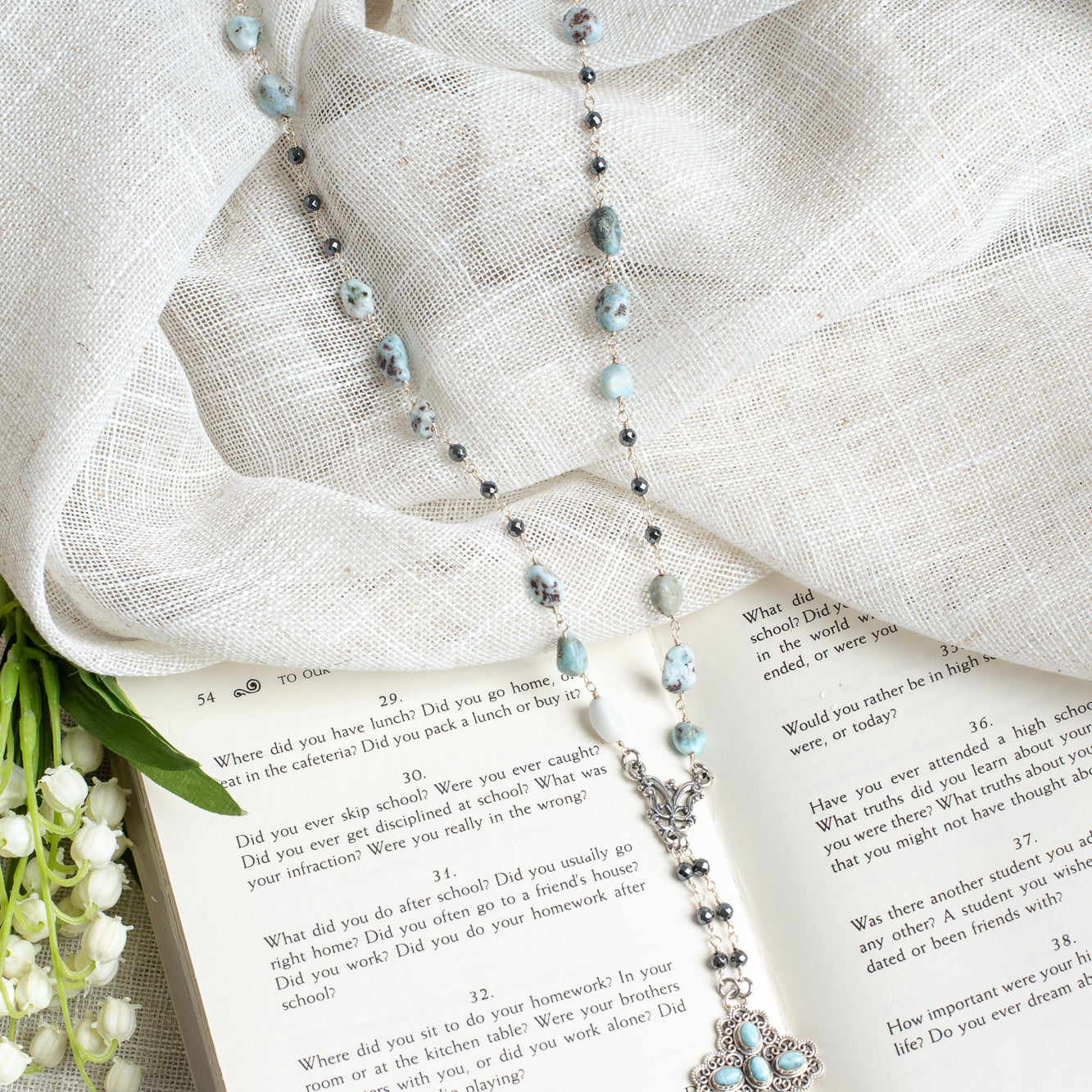 Blue Larimar Stone Sterling Silver Cross Pendant on Hemitite and Larimar Silver Chain Necklace