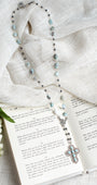 Blue Larimar Stone Sterling Silver Cross Pendant on Hemitite and Larimar Silver Chain Necklace