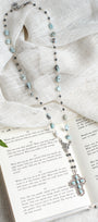 Blue Larimar Stone Sterling Silver Cross Pendant on Hemitite and Larimar Silver Chain Necklace