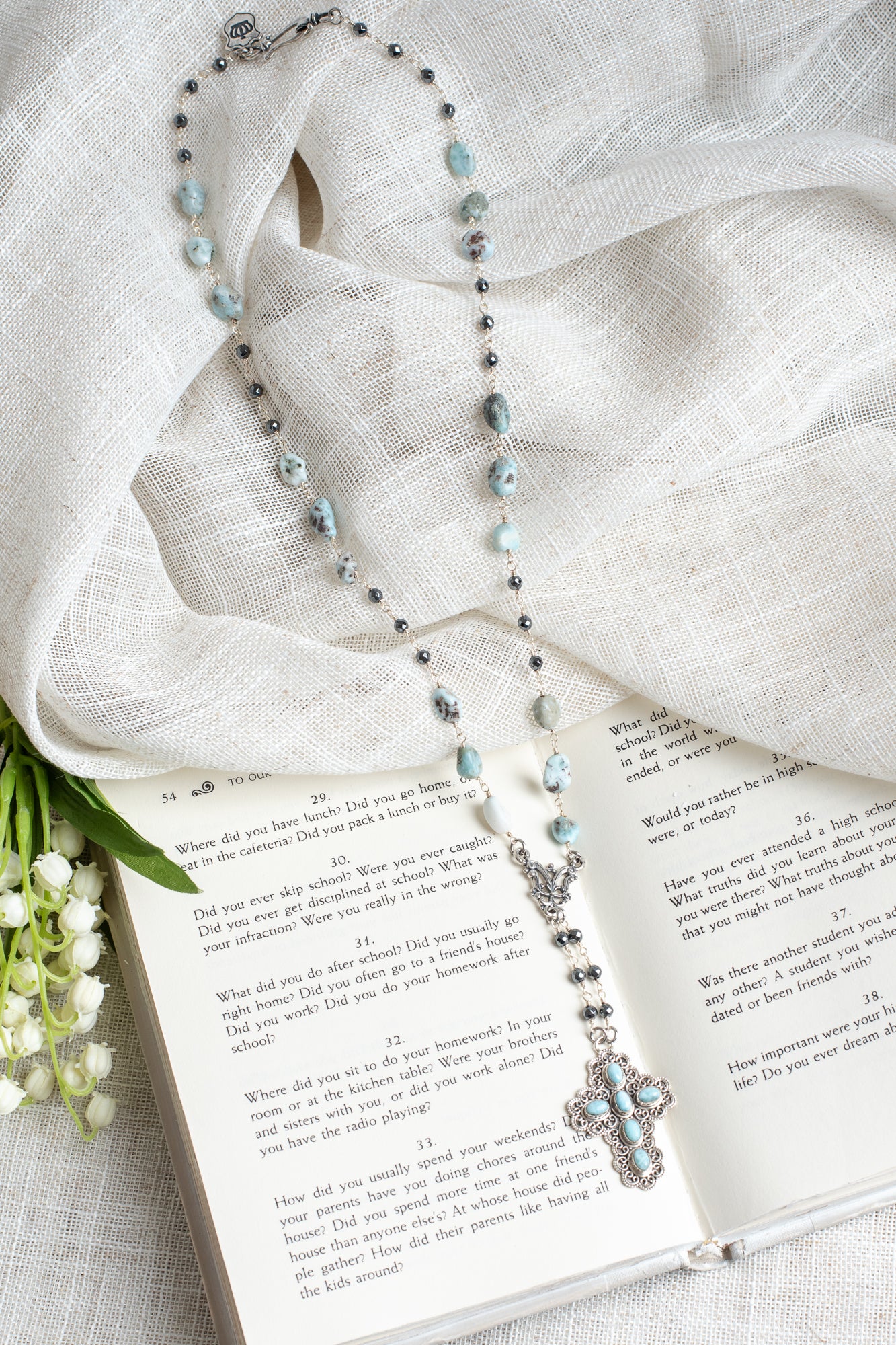 Blue Larimar Stone Sterling Silver Cross Pendant on Hemitite and Larimar Silver Chain Necklace