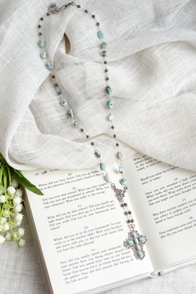 Blue Larimar Stone Sterling Silver Cross Pendant on Hemitite and Larimar Silver Chain Necklace