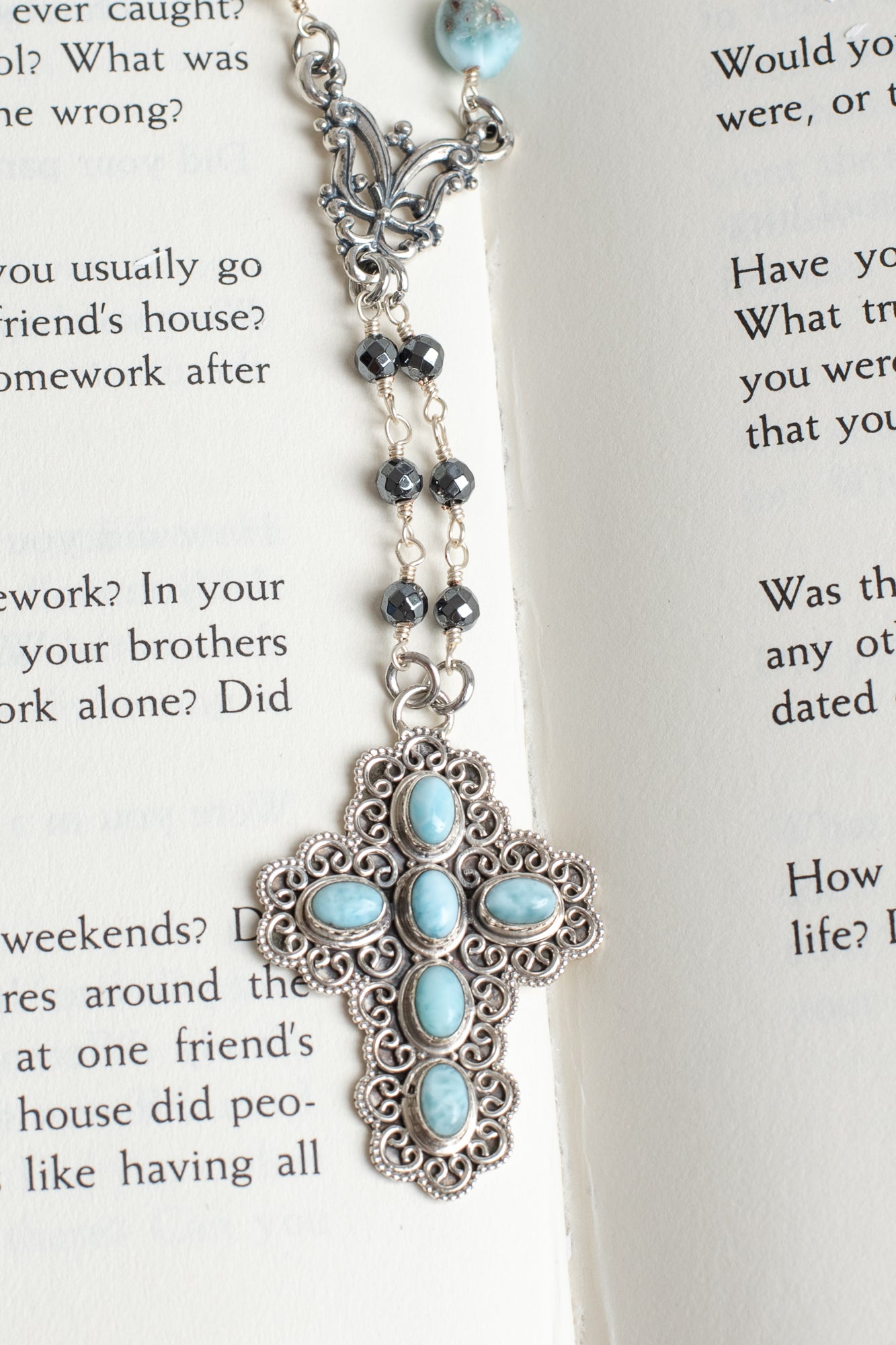 Blue Larimar Stone Sterling Silver Cross Pendant on Hemitite and Larimar Silver Chain Necklace