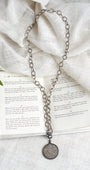 Antique Silver French Coin Replica Pendant on a Chunky Silver Over Bronze Chain Necklace