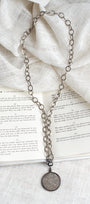 Antique Silver French Coin Replica Pendant on a Chunky Silver Over Bronze Chain Necklace