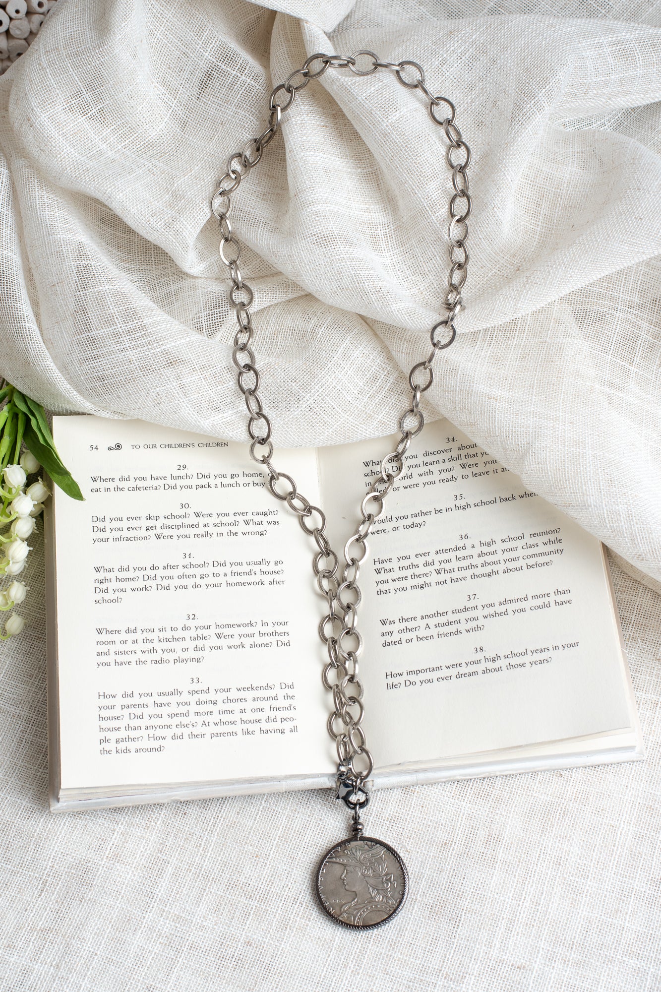 Antique Silver French Coin Replica Pendant on a Chunky Silver Over Bronze Chain Necklace