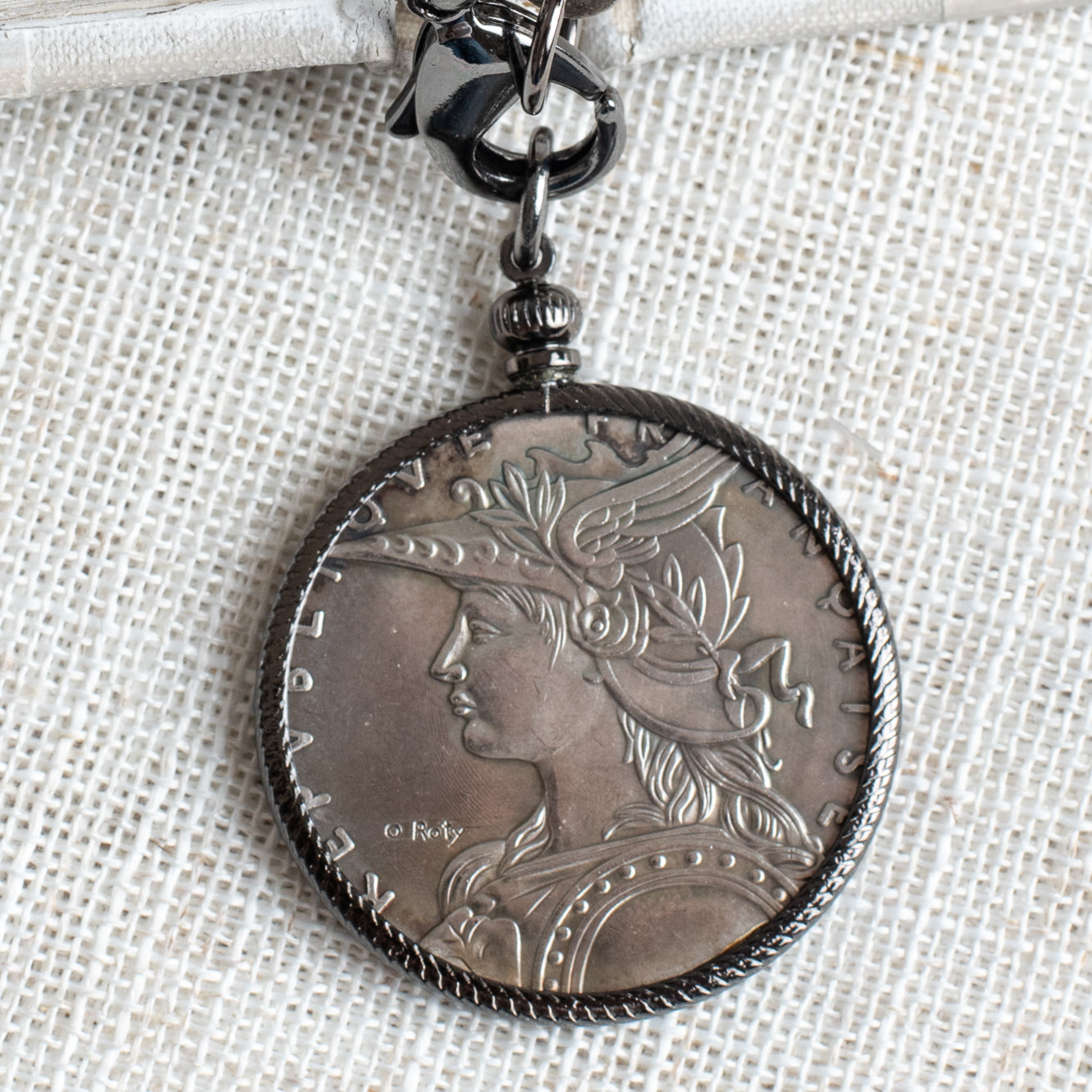 Antique Silver French Coin Replica on a Chunky Silver Chain Necklace